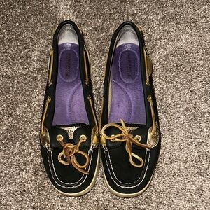Sperry Black and Gold Loafers with Moccasin Stitching‎